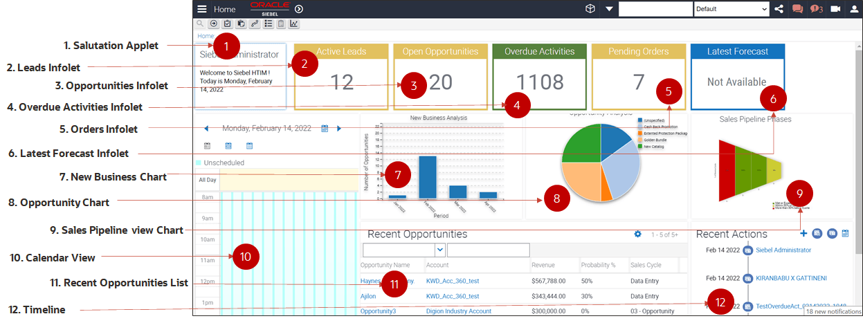 Siebel High Tech and Industrial Manufacturing dashboard: This image is described in the surrounding text.