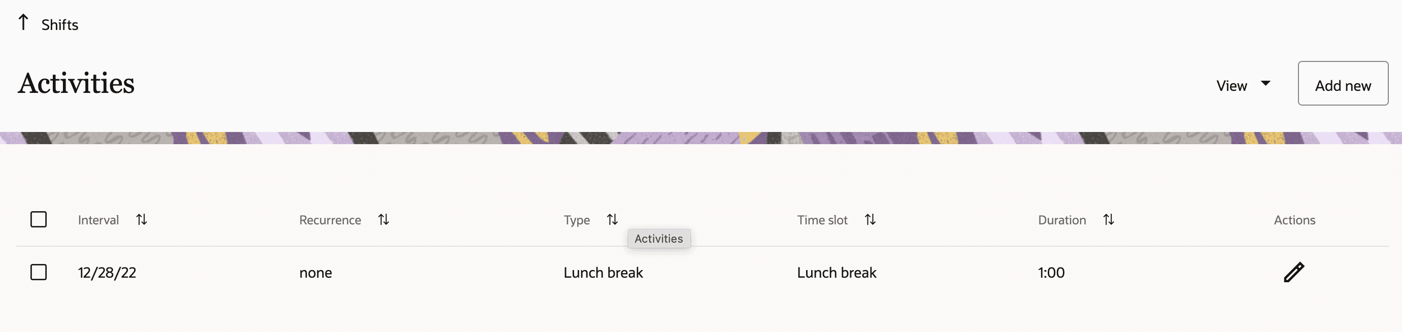 Activity Type, Duration and Time Slot.