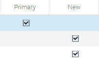 Example of Check Boxes: This image shows 2 columns (a Primary column and a New column) and three rows. In the first row, the check box in the Primary column is selected. In the second and third rows, the check box in the New column is selected.