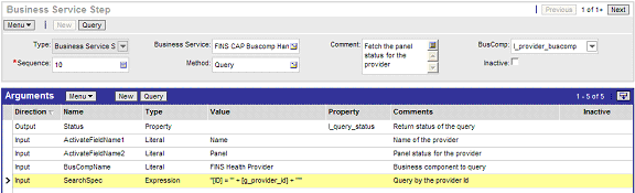 This figure shows the Business Service Step dialog. There are a list of arguments listed that are used to query data from the FINS Health Provider business component.