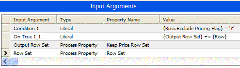 Example of Arguments for Conditional Action Method. This image shows the following Input Arguments (Input Argument, Type, Property Name, and Value) Condition 1, On True 1_1, Output Row Set, and Row Set (which is selected).