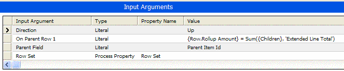 Example of Arguments for Hierarchical Method. This image shows the following Input Arguments (Input Argument, Type, Property Name, Value): Direction (selected), On Parent Row 1, Parent Field, and Row Set.