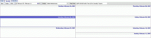 Example of the eCalendarWeeklyApplet Template. In this image, there are tabs at the beginning of the image. After the tabs, there is a bar with buttons. The rest of the applet is divided into sections. Each section contains a list with the day of the week in the corner.