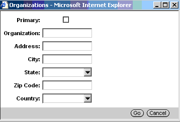 Example of the PopupQuery Applet Template. In this image, there is a bar at the beginning of the popup labeled Organizations. After the bar, the form applet has one column with label and field pairs, some of which have drop-down lists. At the end of the applet, there is a bar with buttons.
