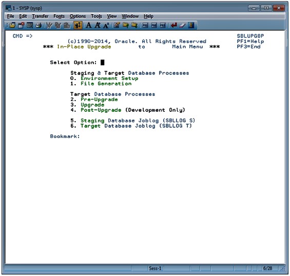 The Siebel In-Place Upgrade Main Menu options are: 0. Environment Setup, 1. File Generation, 2. Pre-Upgrade, 3. Upgrade, 4. Post-Upgrade (Development Only), 5. Staging Database Joblog (SBLLOG S), 6. Target Database Joblog (SBLLOG T).