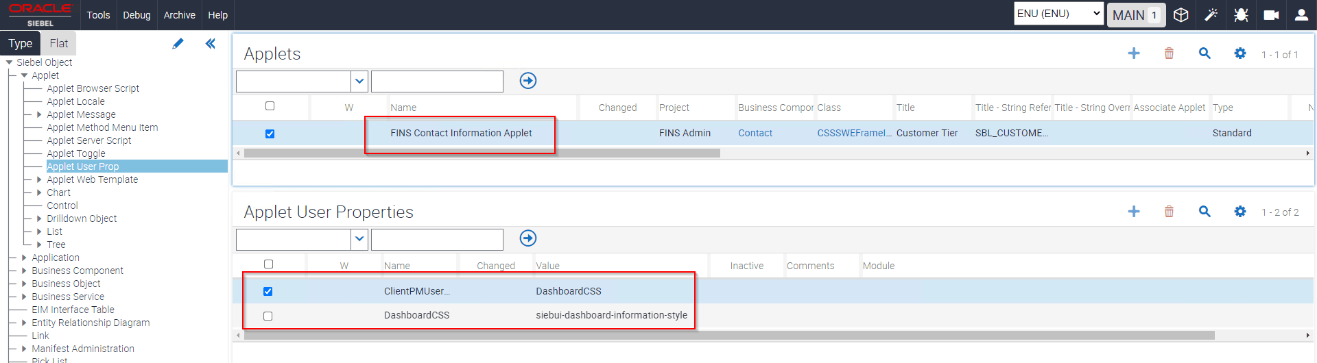 Add a new CSS class by configuring applet user properties for FINS Contact Information Applet: This image is described in the surrounding text.