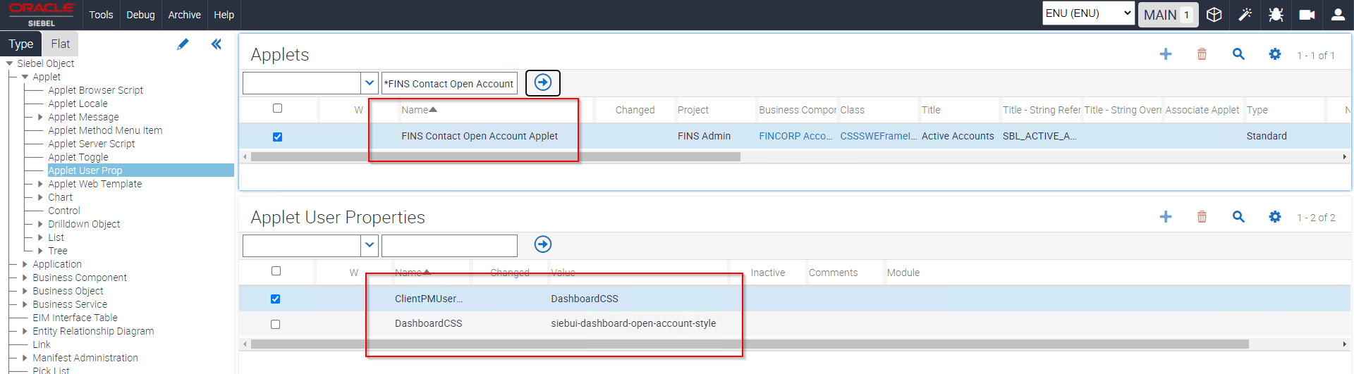 Add a new CSS class by configuring applet user properties for FINS Contact Open Account Applet: This image is described in the surrounding text.