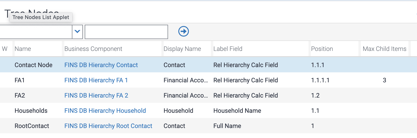 Example of modifying tree nodes for creating a Financial Accounts hierarchy applet: This image is described in the surrounding text.