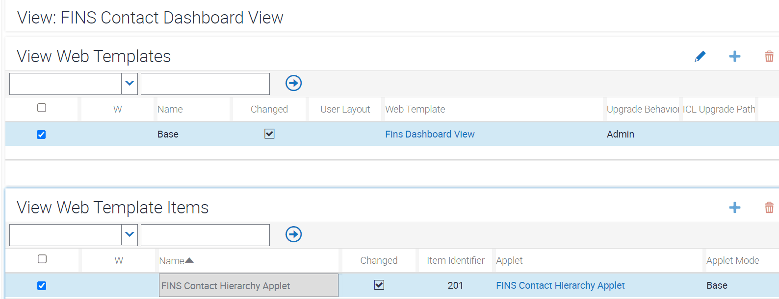 Sample configuration of view web template for FINS Contact Dashboard View and web template item: This image is described in the surrounding text.