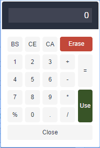 This example image of the calculator contains the following elements: (1) Display area. (2) Number keys (0-9). (3) Basic Operators, including plus (+), minus (-), multiply (*), divide (/), equals (=), percent (%). (4) Buttons: BS (backspace), CE (clear entry), CA (clear all), Erase, Use, Close.