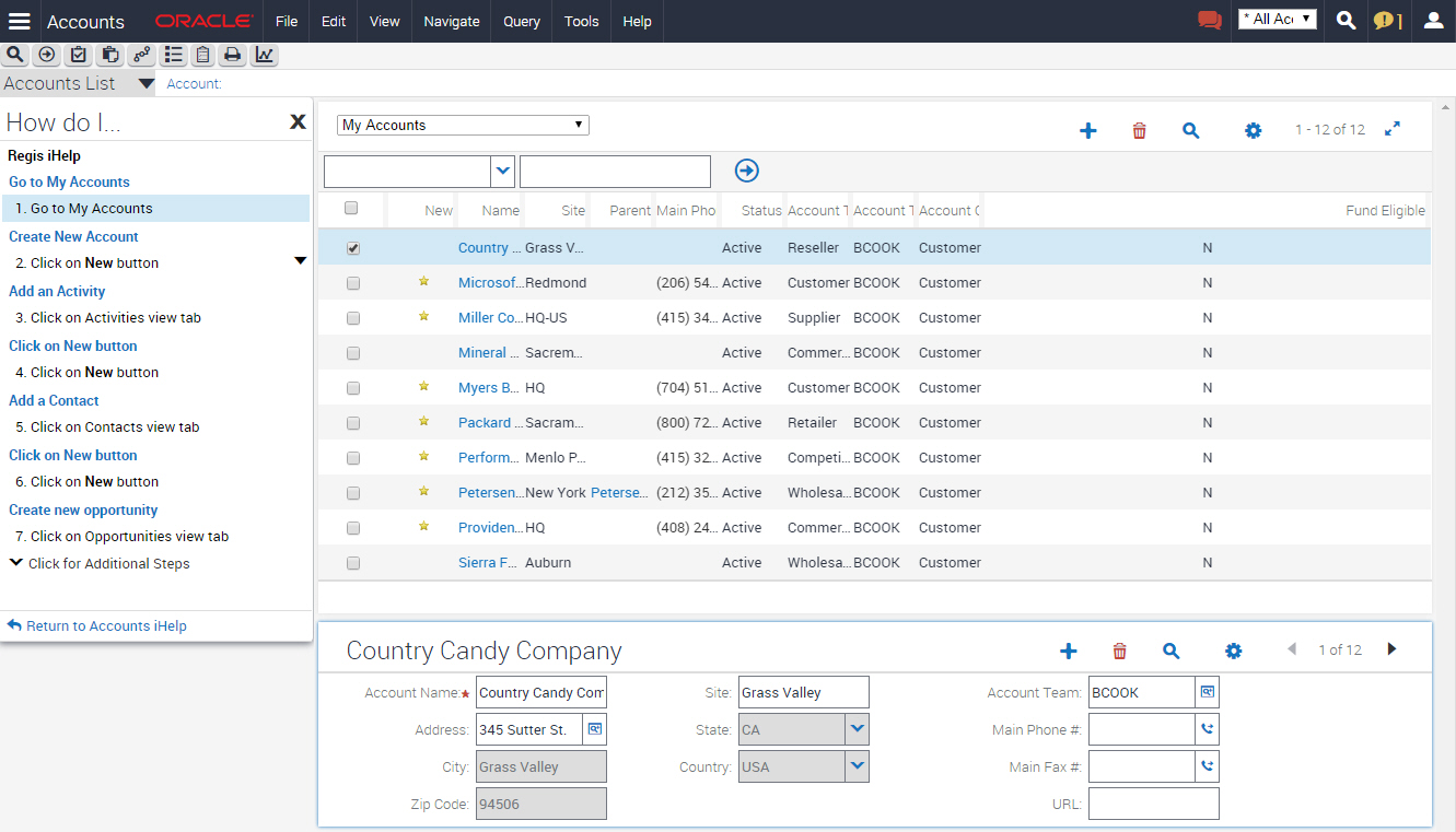 This image shows the following How do I... iHelp items: Go to My Accounts, Create New Account, Add an Activity, Add a Contact, and Create new Opportunity.