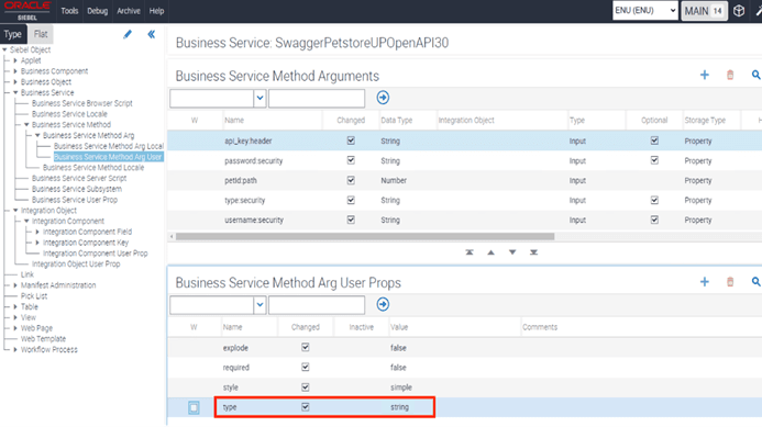 This figure shows an example of a Business Service Method Argument User Property called type. It has the value string, which indicates that the api_key:header is of type string.