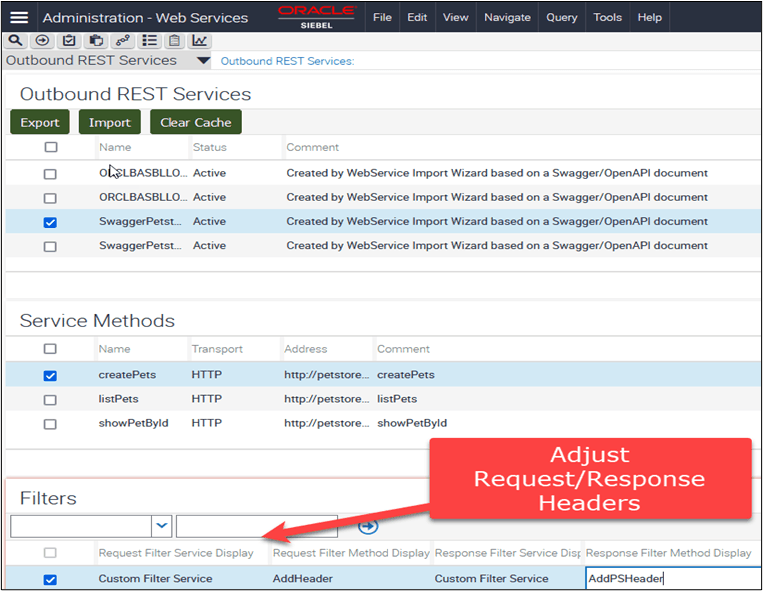 This figure shows a REST Outbound Service and a list of its service methods.