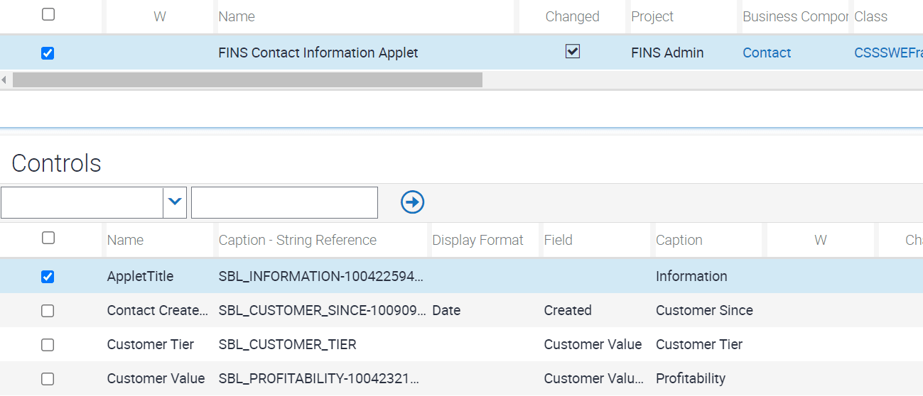 Sample configuration for FINS Contact Information Applet controls: This image is described in the surrounding text.