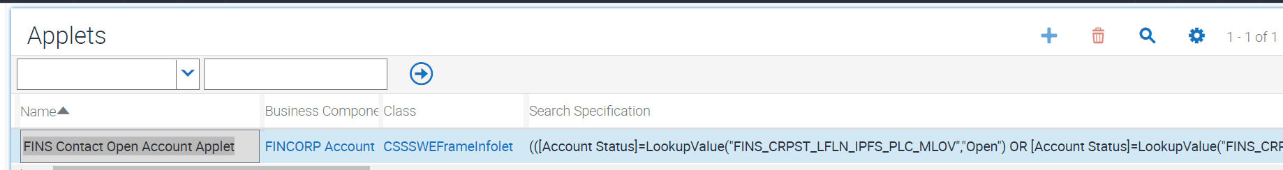 Sample configuration for FINS Contact Open Account Applet: This figure is described in the surrounding text.