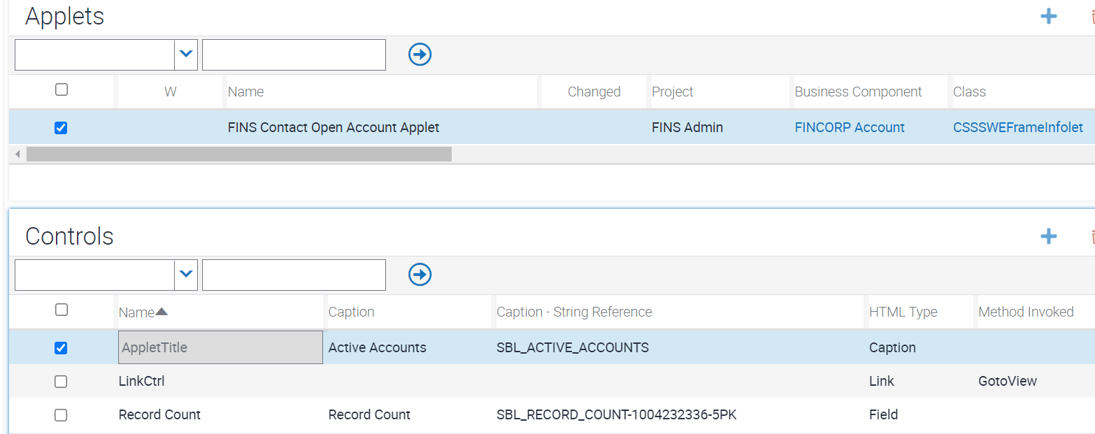 Sample configuration for FINS Contact Open Account Applet controls: This figure is described in the surrounding text.