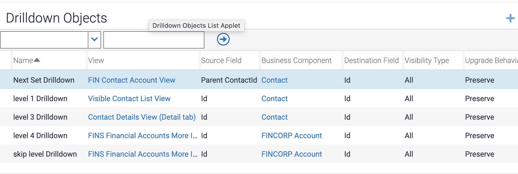 Example of modifying drilldown object properties for creating a Financial Accounts hierarchy applet: This image is described in the surrounding text.