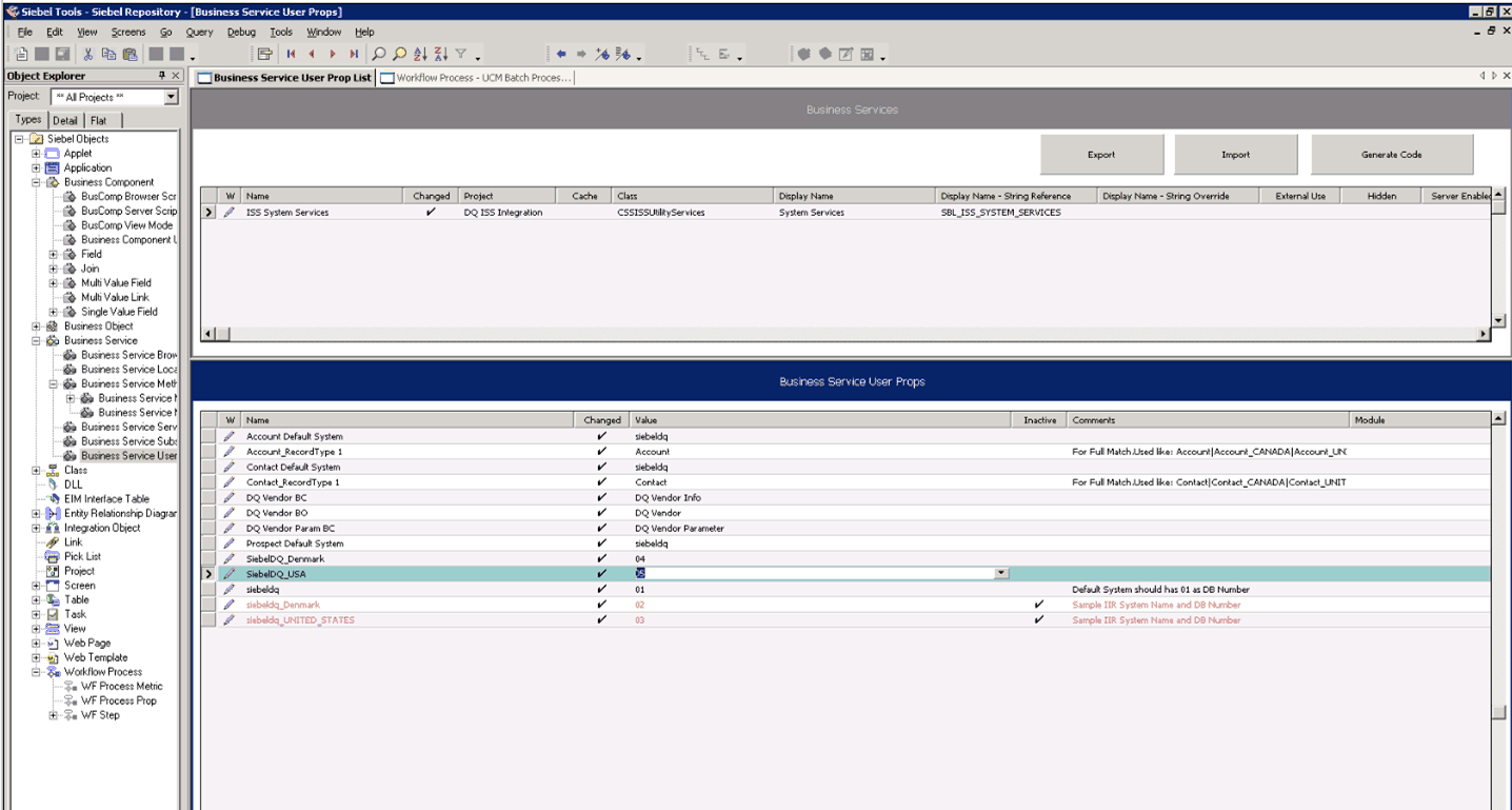 ISS System Services User Properties. This image shows a view with the Business Services list and the Business Service User Props list applet. The selected record in the Business Service User Props list applet has the following values: Name: SiebelDQ_USA, Value: 05.