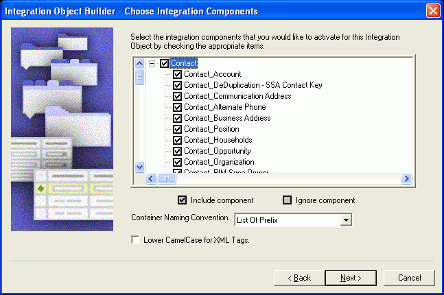 In this image of the wizard, Contact is selected. An indented list with check boxes of available components appears after Contact.