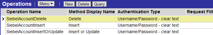 Inbound Web Services View and the User Name Token. This image displays a list applet called: Operations. The list applet has the following fields: Operation Name, Method Display Name, Authentication Type, and Request Filter.