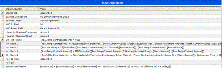 Example of Arguments for Hierarchical Look-Up Method. This image shows the following Input Arguments (Input Argument, Value): BC Id Field, Business Component, Business Object, ... , On First Match 1, ... , On Match 4, Row Id Field, Row Set, and so on.