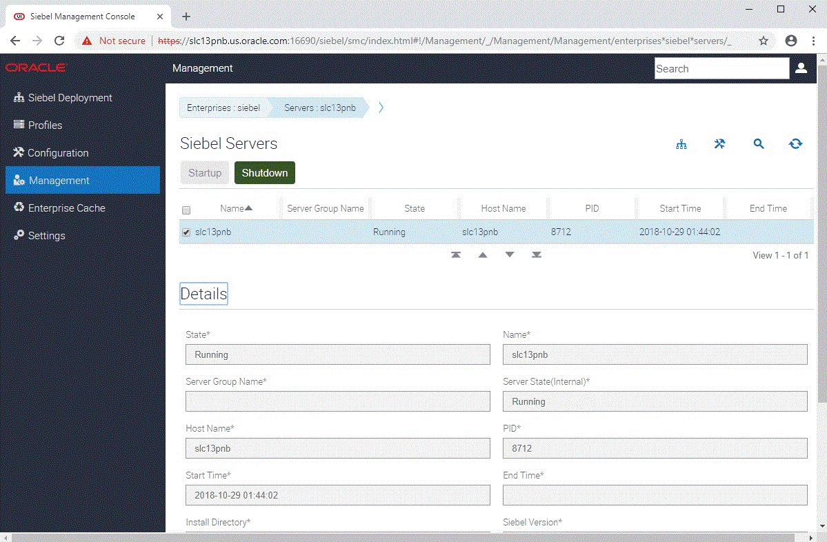 Management Screen in Siebel Management Console: This image is described in the surrounding text.