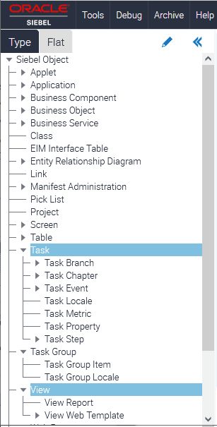 Task object type hierarchy in the Object Explorer: This image is described in the surrounding text.