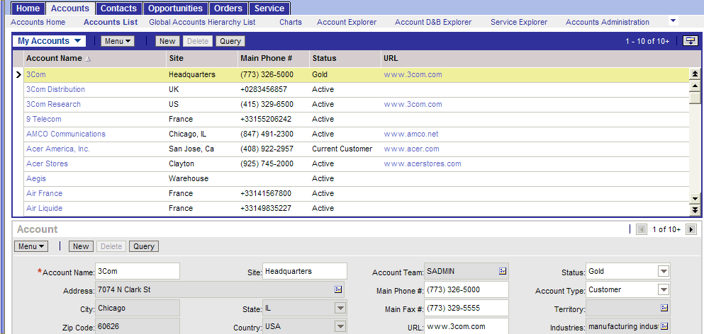 List-Form View: This image shows an Accounts List followed by an Account Form (which displays the details of the selected record in the Accounts List).