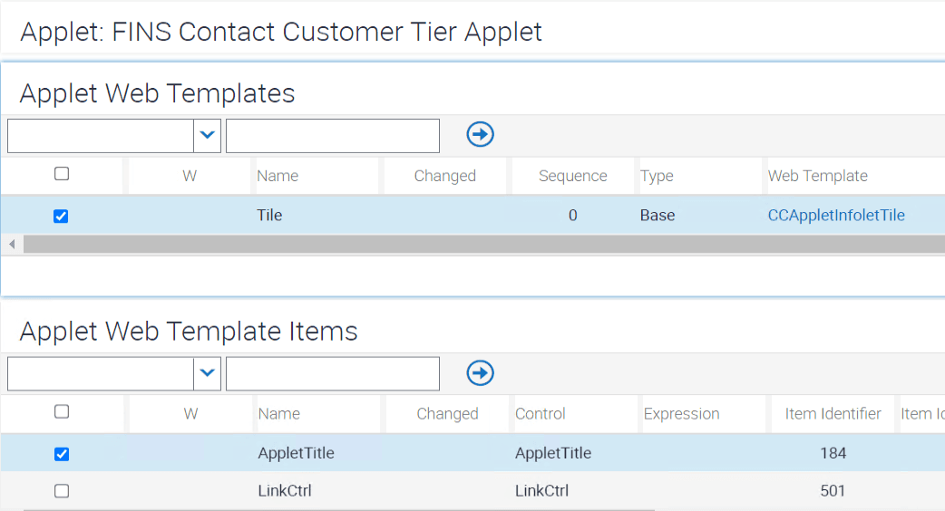 Sample configuration of applet web template and web template items for FINS Contact Customer Tier Applet: This image is described in the surrounding text.
