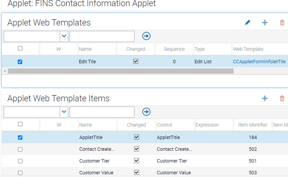 Sample configuration of applet web template and web template items for FINS Contact Information Applet: This image is described in the surrounding text.