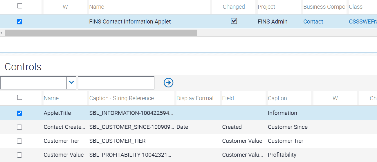Sample configuration for FINS Contact Information Applet controls: This image is described in the surrounding text.