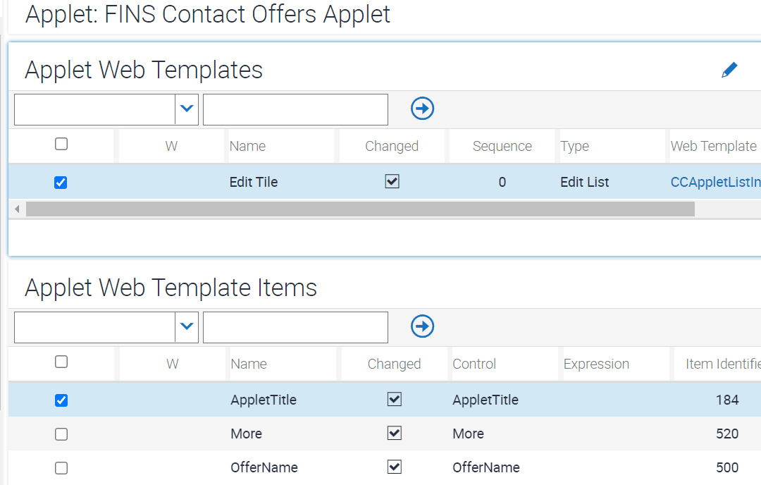 Sample configuration of applet web template and web template items for FINS Contact Offers Applet: This image is described in the surrounding text.