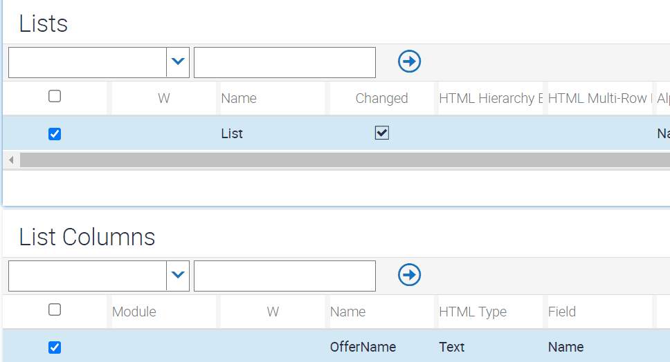 Sample configuration for the List list and its list column, OfferName: This image is described in the surrounding text.