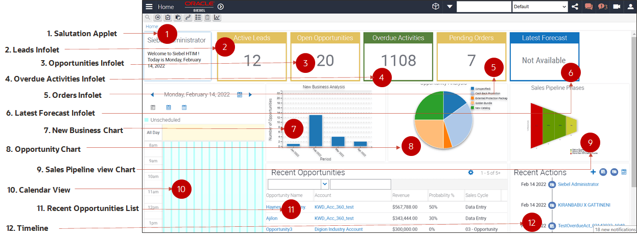 Siebel High Tech and Industrial Manufacturing dashboard: This image is described in the surrounding text.