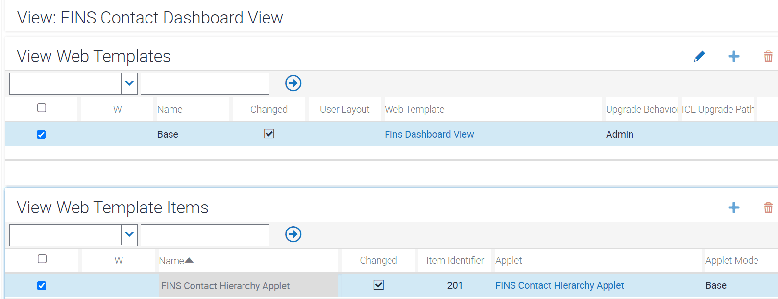 Sample configuration of view web template for FINS Contact Dashboard View and web template item: This image is described in the surrounding text.