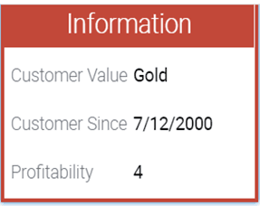 Infolet displaying multiple fields: values for the Customer Value, Customer Since, and Profitability fields for a contact