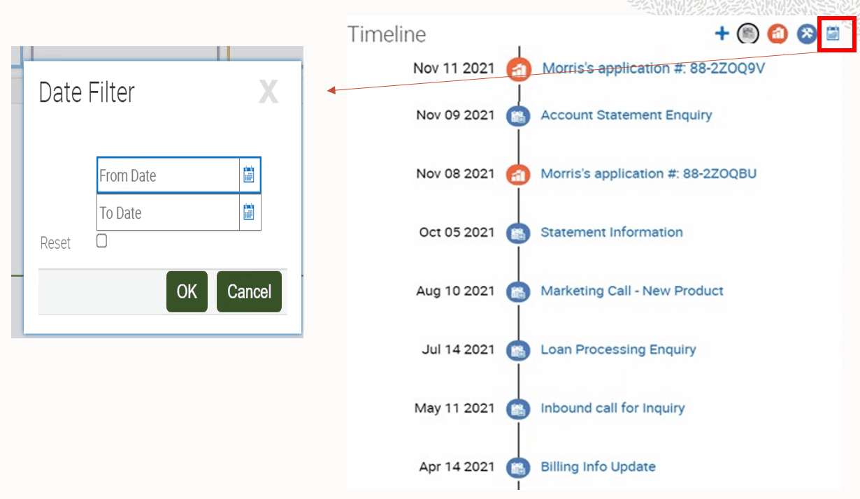 Timeline component and date filtering: This image is described in the surrounding text.