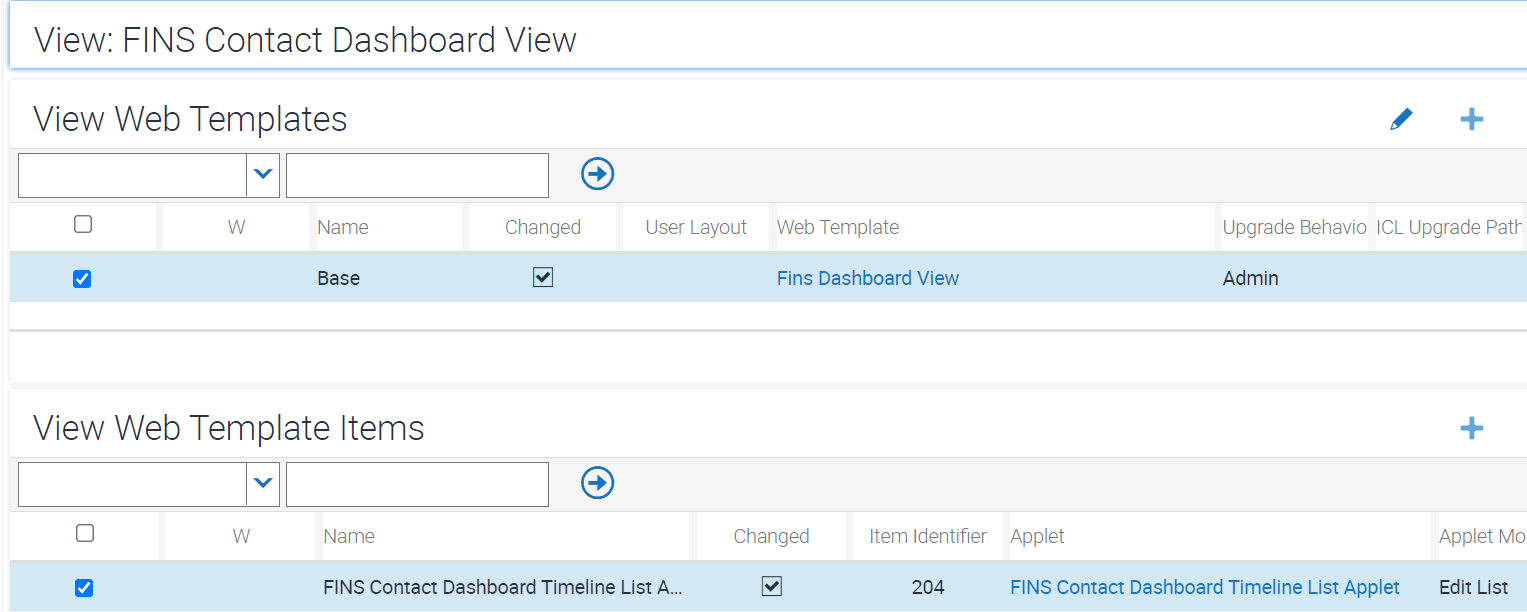 Sample configuration of view web template for FINS Contact Dashboard View and web template item: This image is described in the surrounding text.