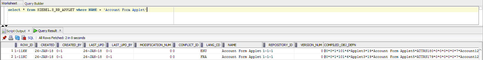 The Runtime Repository after running Full Publish for English and French languages: This image shows two records.
