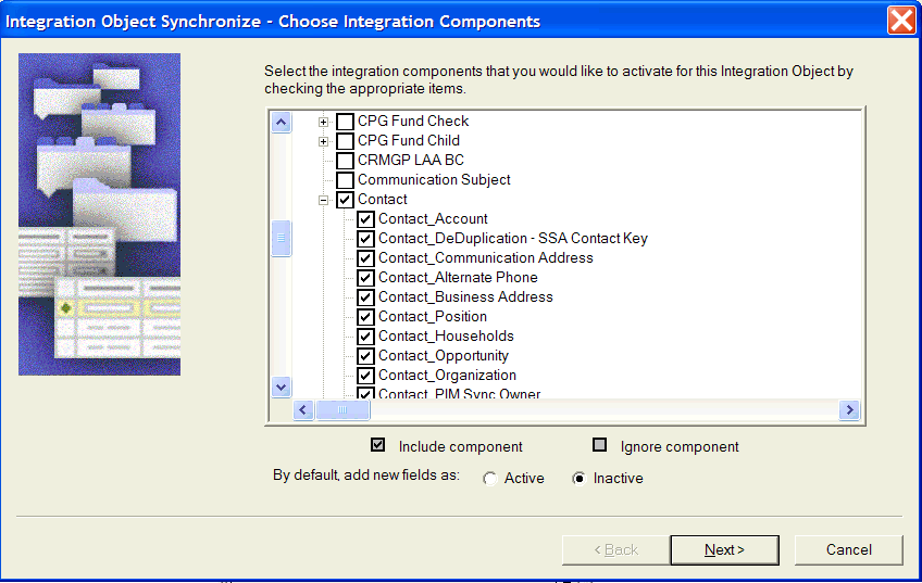 Example of Selected Integration Components. In this image, Contact and all its children are selected. The Include Component checkbox is selected.