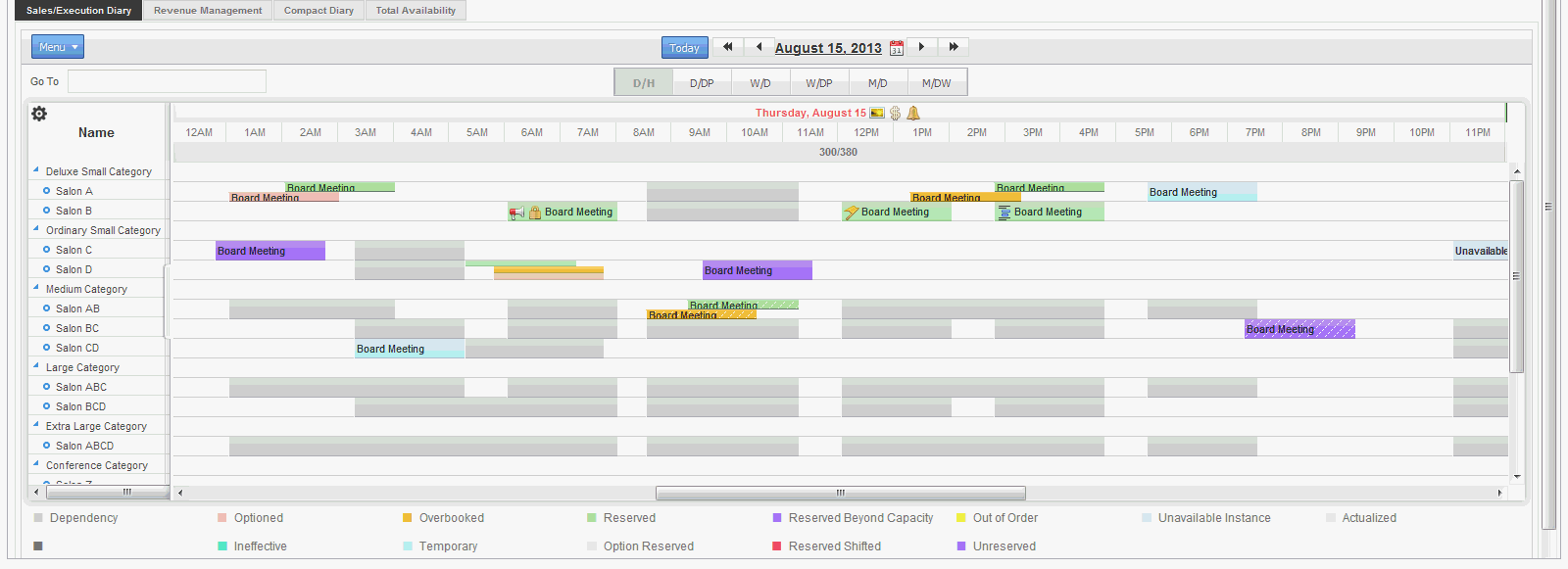 Function Space Diary Screen: This image shows the one-day time scale for August 15 in the Function Space Diary.