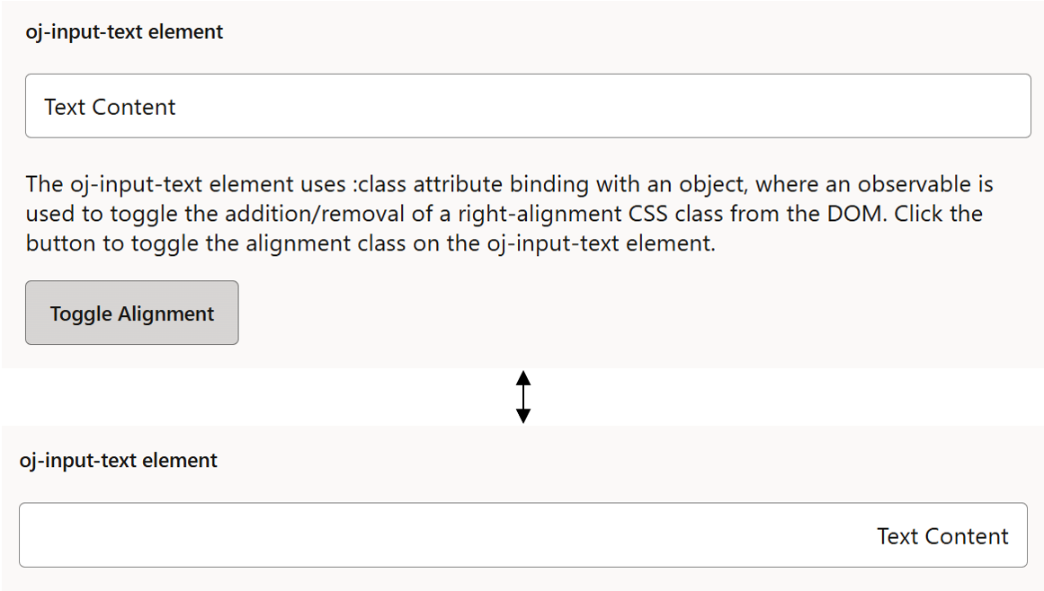 このイメージには、oj-input-text要素の2つのインスタンスと、「Toggle Alignment」というラベルのボタンが含まれています。最初のインスタンスでは、入力ボックスのテキストが左揃えになっています。2番目のインスタンスでは、入力ボックスの右境界に揃えられます。 このイメージには、oj-input-text要素の2つのインスタンスと、「Toggle Alignment」というラベルのボタンが含まれています。最初のインスタンスでは、入力ボックスのテキストが左揃えになっています。2番目のインスタンスでは、入力ボックスの右境界に揃えられます。