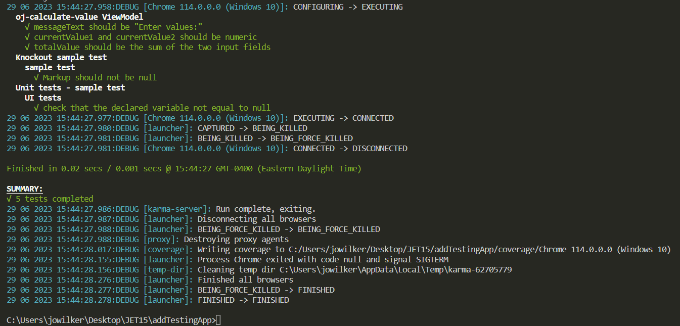 コマンドラインに表示されるテストの実行結果。 コマンドラインに表示されるテストの実行結果。