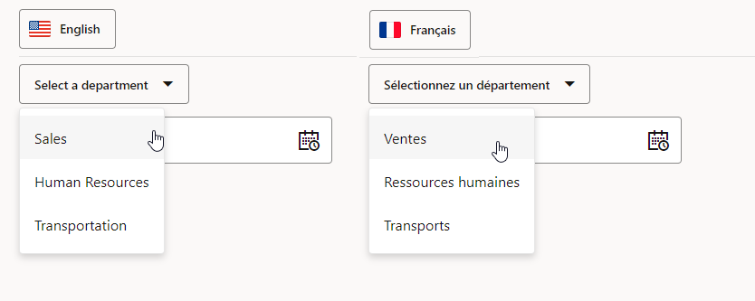 画像は、インポートされたリソース・バンドルの英語およびフランス語での翻訳文字列を示しています