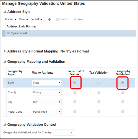 アメリカの州の「値リスト使用可能」列および「地理検証」列で選択したオプションの場所を強調表示した地理検証の管理: アメリカ合衆国ページのスクリーン・キャプチャ。