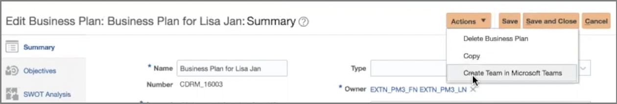 このスクリーンショットは、「処理」メニューの「Microsoft Teamsでチームの作成」ボタンを示しています。