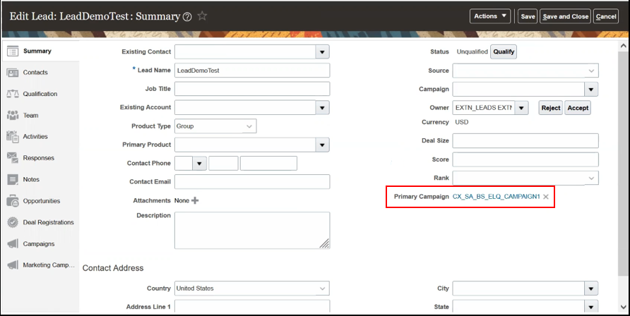 スクリーンショットは「リードの編集」ページの「プライマリ・キャンペーン」フィールドの場所を示しています