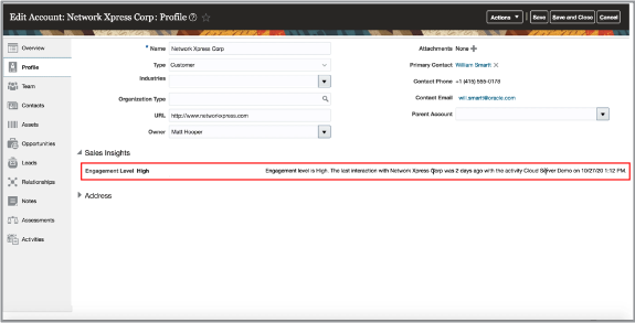 アカウントの営業インサイトの例