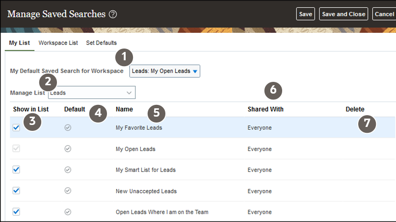 テキストで説明されている機能を強調表示した コールアウトを含む「保存済検索の管理」ウィンドウ。