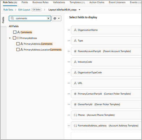 ページに表示するフィールドを選択するフィールド・ページ